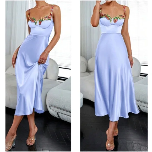 Luxe Floral Embroidered Satin Midi Evening party Midi Dress - Picture 9 of 9